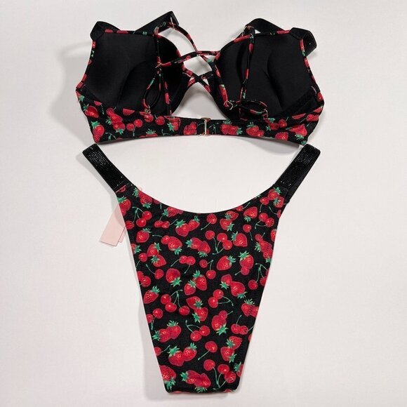 Victoria Secret 38D L Bombshell Push Up Top Bikini Set Shine Strap Cherry Print - Picture 3 of 6